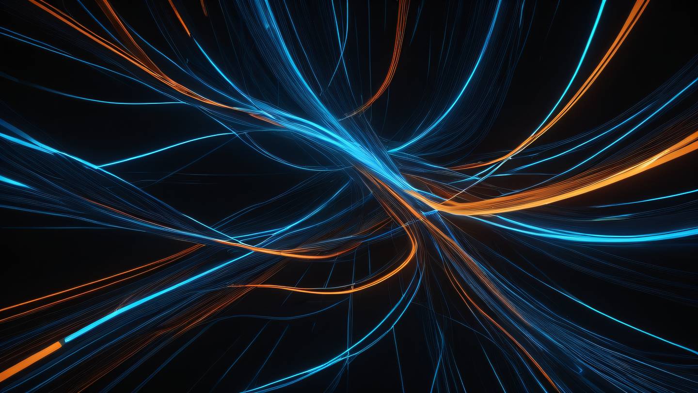 A serene abstract representation of flowing data streams featuring interweaving ribbons of bright orange and electric blue light against a stark black background captured from a top-down perspective high-quality ultra-realistic cinematic 8K UHD high resolution sharp and detail