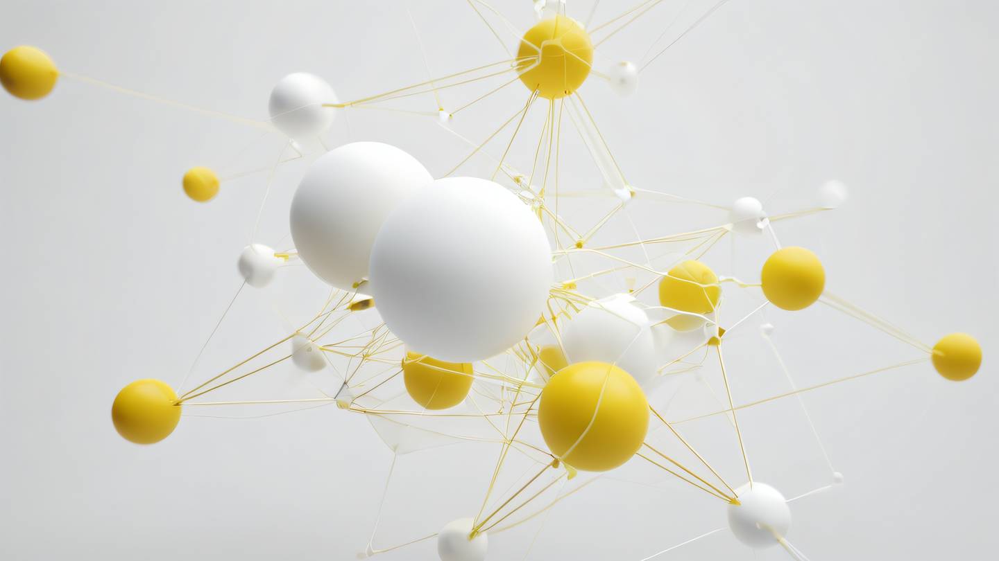 Abstract visualization of interconnected nodes featuring bright yellow geometric patterns floating in neutral white space shot from a 45-degree angle high-quality ultra-realistic cinematic 8K UHD high resolution sharp and detail