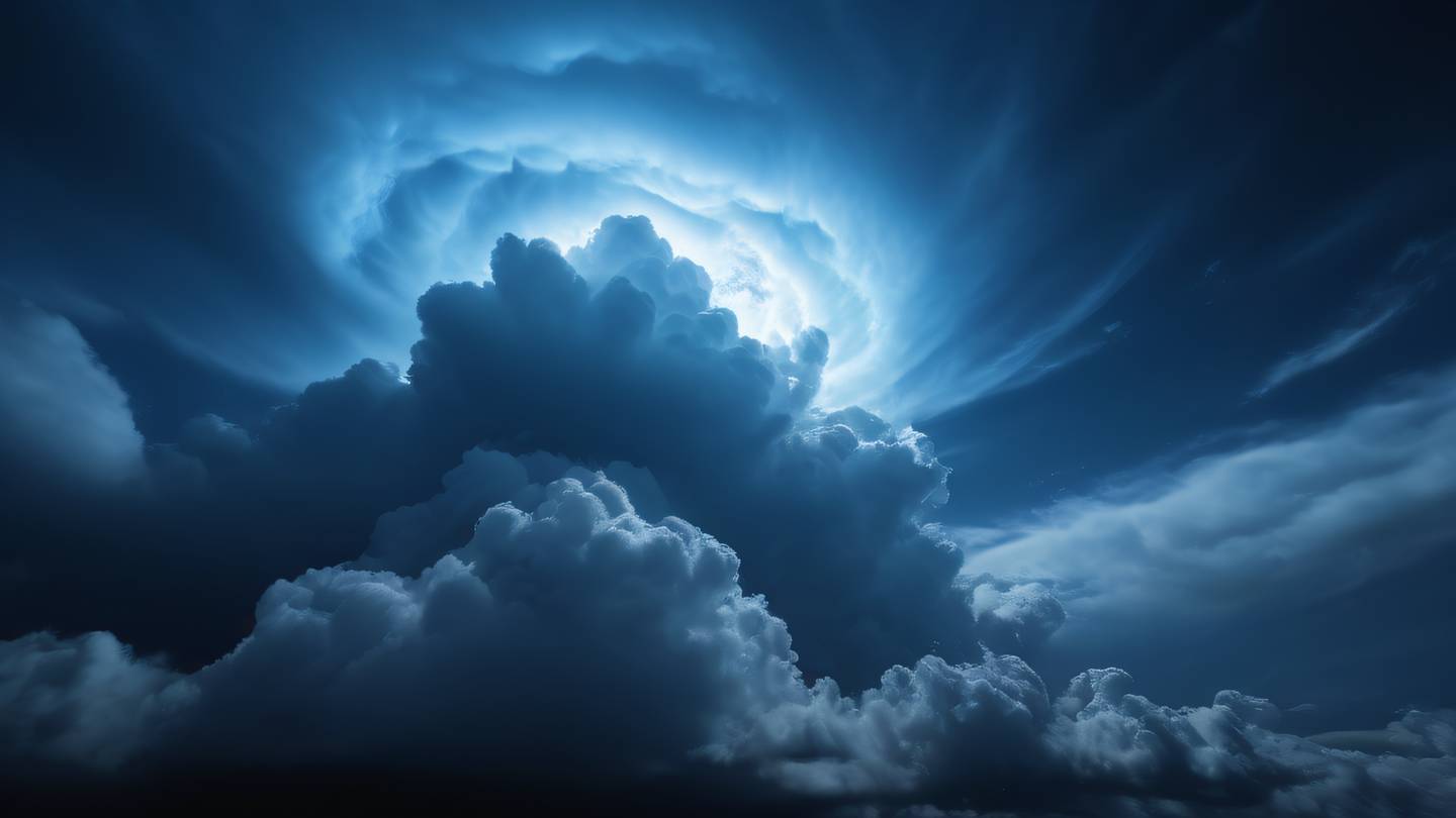 Ethereal cloud formations in bright electric blue and soft white swirling against a deep black sky photographed from below looking up high-quality ultra-realistic cinematic 8K UHD high resolution sharp and detail