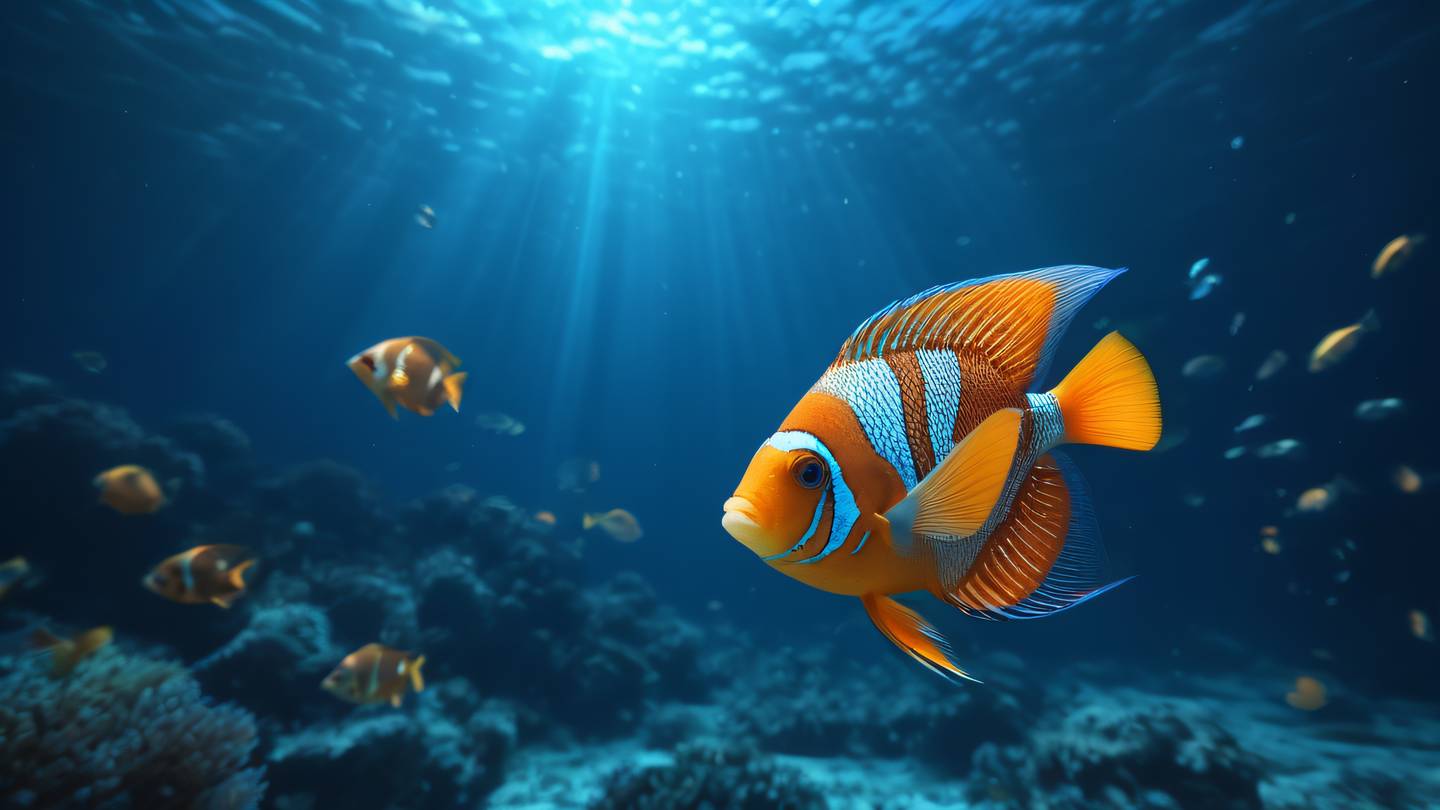 Abstract underwater scene with tropical fish in bright orange and neon blue colors swimming through geometric patterns of light captured from a side view perspective high-quality ultra-realistic cinematic 8K UHD high resolution sharp and detail