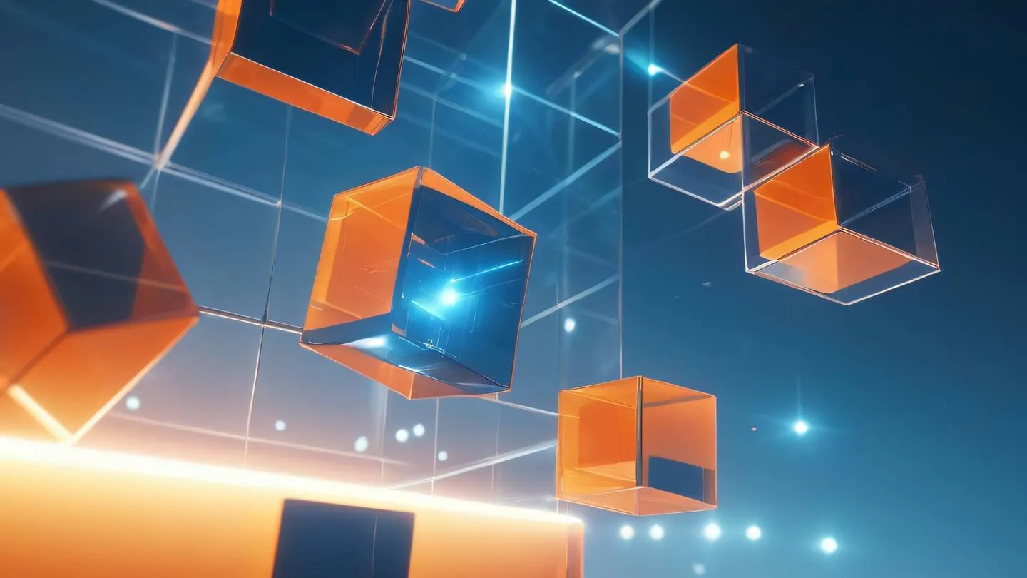 Geometric abstract composition with interconnected translucent cubes and spheres in bright blue and orange colors floating in space with subtle light beams captured from a low angle perspective high-quality ultra-realistic cinematic 8K UHD high resolution sharp and detail