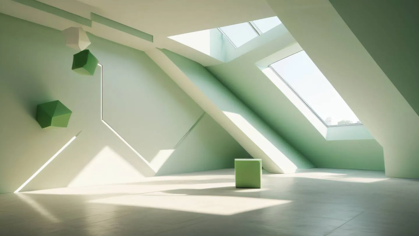 Modern minimalist interior space with floating geometric shapes in green and off-white colors natural light streaming through unseen windows photographed from a 45-degree angle high-quality ultra-realistic cinematic 8K UHD high resolution sharp and detail