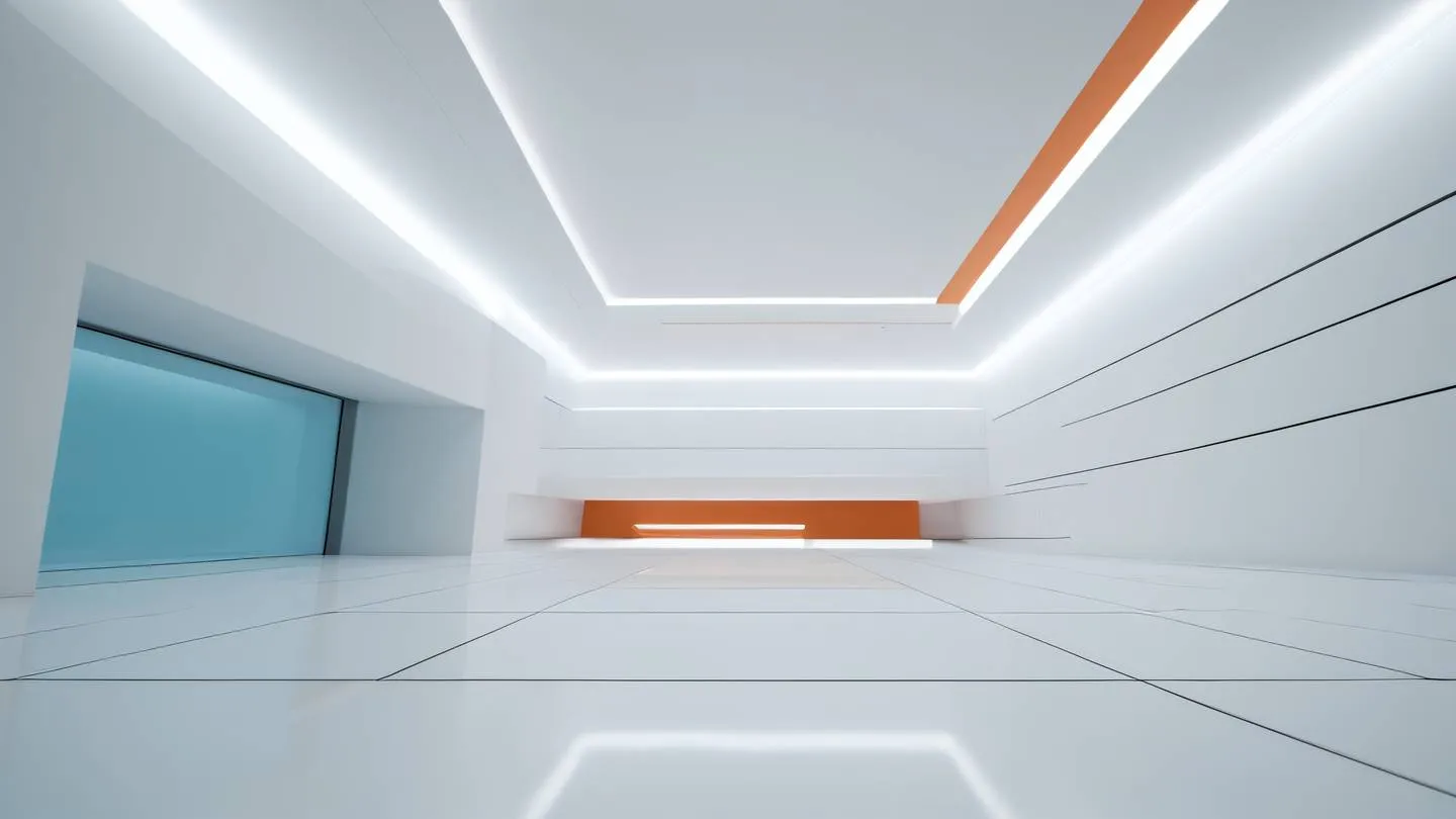 A modern architectural interior space with floating geometric shapes featuring clean lines and a minimalist aesthetic. Colors: crisp whites with accents of baby blue and salmon orange. Camera angle: wide-angle perspective shot from ground level showing depth and scale high-quality ultra-realistic cinematic 8K UHD high resolution sharp and detail