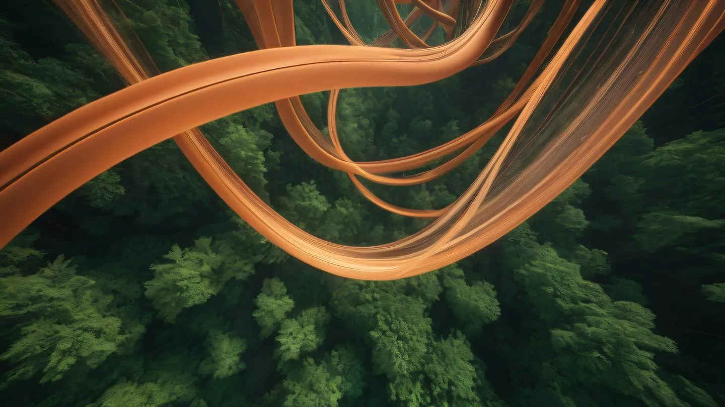 Abstract flowing light streams in a vast space with gentle curves and ribbons of light. Colors: bright terracotta orange transitioning to forest green. Camera angle: looking up towards infinity capturing the flow of movement high-quality ultra-realistic cinematic 8K UHD high resolution sharp and detail