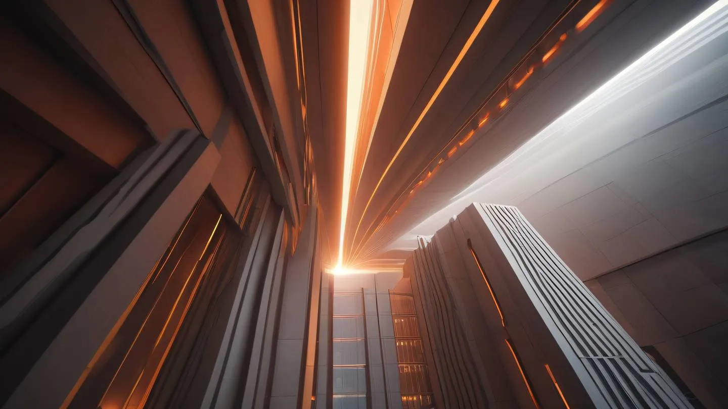 Geometric light rays piercing through abstract architectural forms. Colors: warm salmon-orange and soft greys creating depth and dimension. Camera angle: dramatic low angle shot creating powerful leading lines high-quality ultra-realistic cinematic 8K UHD high resolution sharp and detail