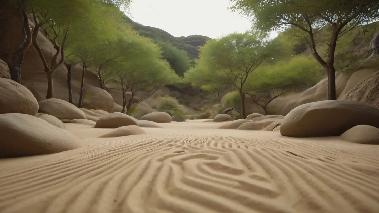 A serene landscape showing a perfectly organized zen garden with geometric patterns in the sand featuring natural elements in earthy tones of ochre and grapeseed shot from a low angle perspective high-quality ultra-realistic cinematic 8K UHD high resolution sharp and detail