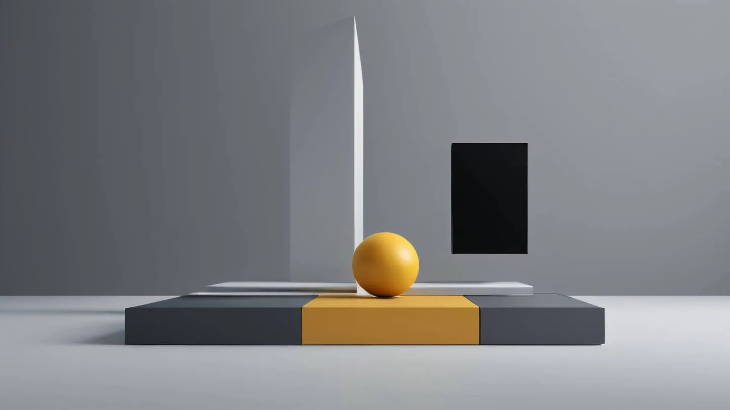 A minimalist abstract composition featuring clean lines and floating geometric shapes rendered in modern greys and black with subtle accents of butterscotch yellow viewed from a straight-on perspective high-quality ultra-realistic cinematic 8K UHD high resolution sharp and detail