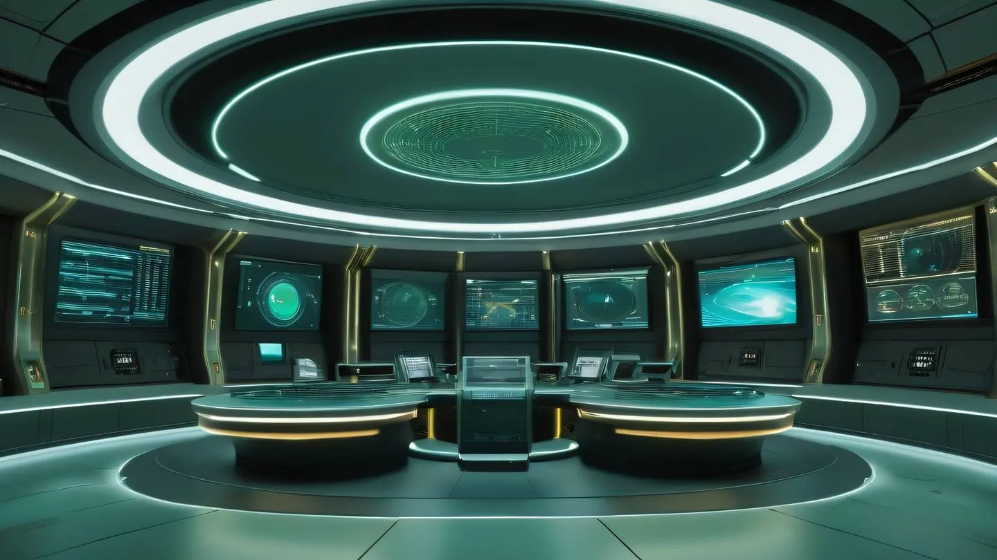 A futuristic floating control room with holographic displays showing form interfaces dominated by sage green and gold accents clean minimal design with curved surfaces camera angle: wide shot from below looking up high-quality ultra-realistic cinematic 8K UHD high resolution sharp and detail