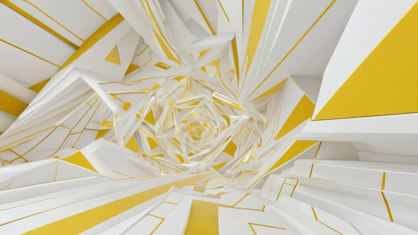 Abstract geometric patterns resembling interconnected form elements floating in space yellow and white color scheme with subtle metallic highlights flowing organic shapes mixed with precise geometric lines camera angle: top-down aerial view high-quality ultra-realistic cinematic 8K UHD high resolution sharp and detail