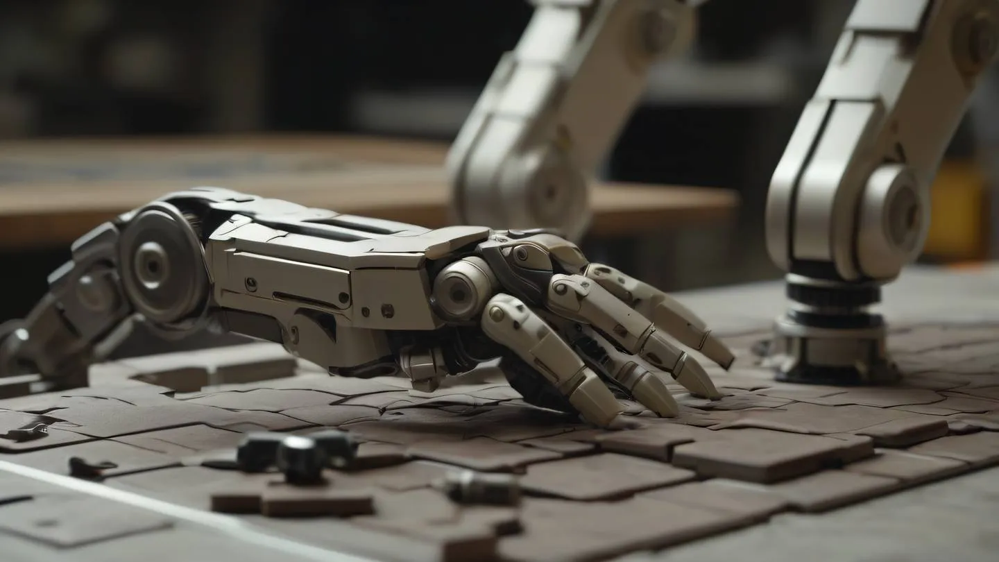 Robotic arms assembling abstract puzzle pieces in a clean workshop environment clay and natural earth tones with metallic accents mechanical precision meets organic flow camera angle: close-up macro shot high-quality ultra-realistic cinematic 8K UHD high resolution sharp and detail