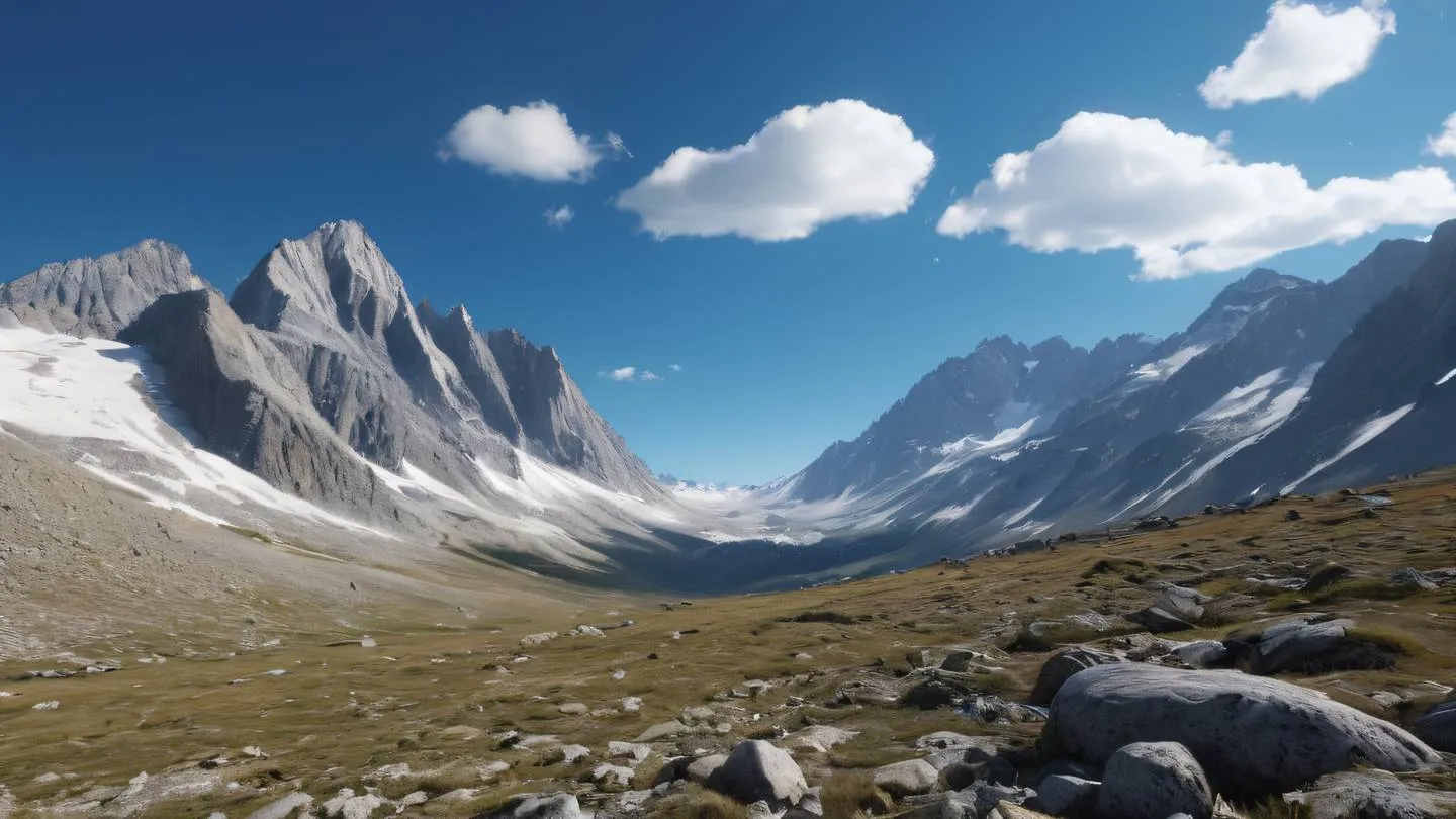 A serene rocky mountain landscape with vibrant blue skies and creamy white clouds highlighting the majestic peaks stretching towards the horizon shot from a low angle perspective high-quality ultra-realistic cinematic 8K UHD high resolution sharp and detail