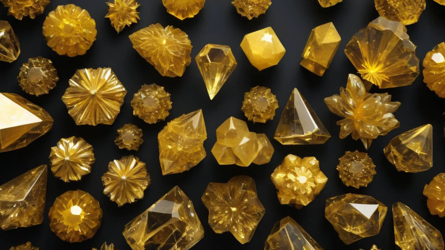 Abstract geometric crystal formations in bright yellow and golden hues arranged in a harmonious pattern against a black background captured from a top-down view high-quality ultra-realistic cinematic 8K UHD high resolution sharp and detail