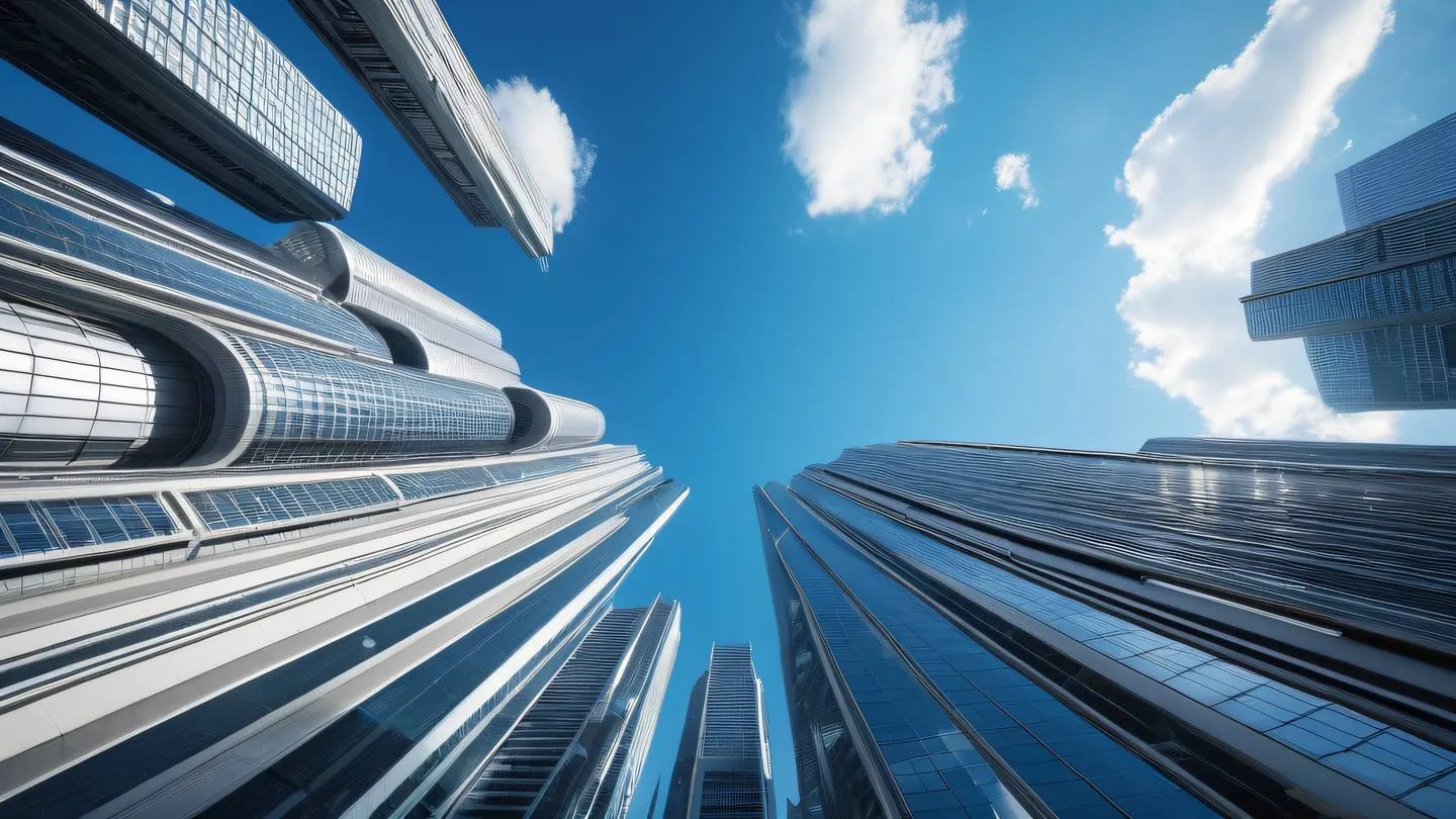 A futuristic cityscape with towering skyscrapers reflecting bright blue sky and white clouds architectural elements creating leading lines towards the center photographed from a dramatic upward angle high-quality ultra-realistic cinematic 8K UHD high resolution sharp and detail