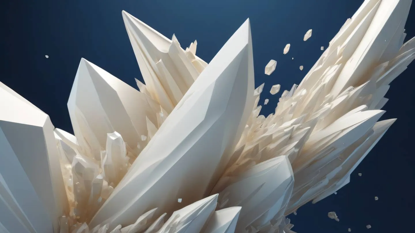 Abstract crystalline structures in creamy white and soft beige colors emerging from a deep blue background photographed from a diagonal side angle creating depth and dimension high-quality ultra-realistic cinematic 8K UHD high resolution sharp and detail