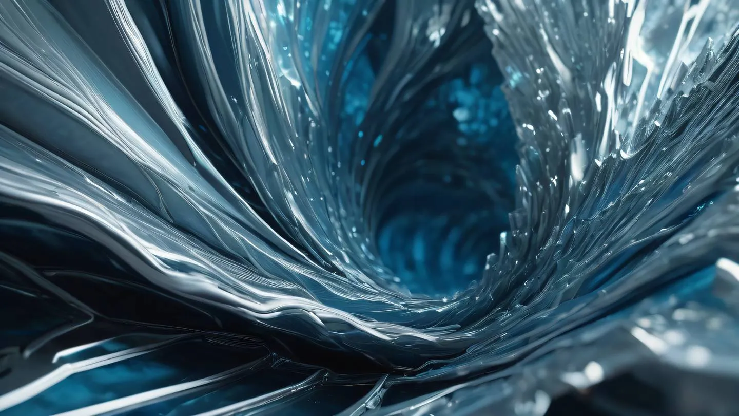 Abstract fluid crystalline formation with sharp geometric edges featuring metallic silver and breezeway blue tones swirling together in a dynamic pattern shot from above with dramatic lighting high-quality ultra-realistic cinematic 8K UHD high resolution sharp and detail