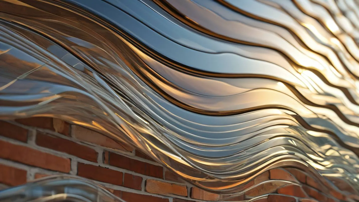 Smooth flowing abstract waves of etched glass and sun-washed brick colors intertwining in a harmonious pattern captured from a low angle perspective high-quality ultra-realistic cinematic 8K UHD high resolution sharp and detail