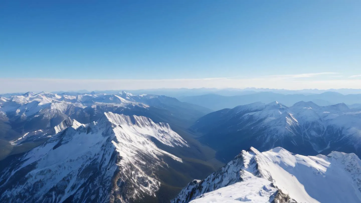 Rocky mountain peaks with whisper white snow caps against a bright blue sky viewed from a bird's eye perspective high-quality ultra-realistic cinematic 8K UHD high resolution sharp and detail