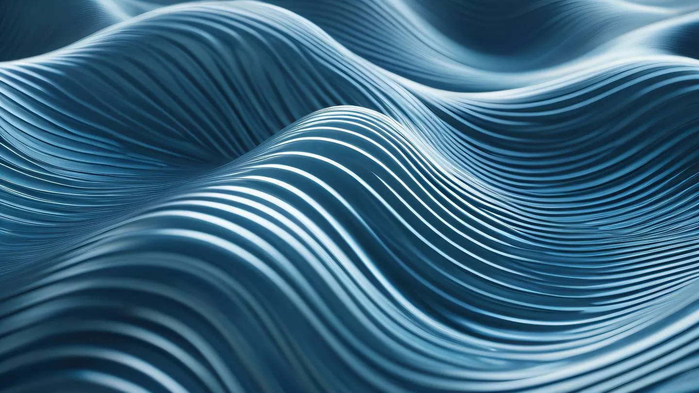 Smooth flowing liquid metal waves in motion featuring breezeway blue and etched glass tones creating an organic abstract pattern captured from a 45-degree angle high-quality ultra-realistic cinematic 8K UHD high resolution sharp and detail