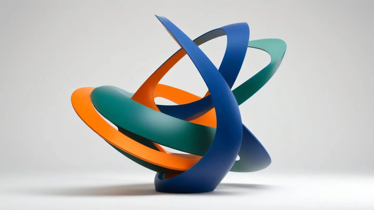 A modern abstract sculpture made of intersecting geometric shapes and curved lines featuring bright orange deep blue and forest green colors. Camera angle: Low angle shot capturing the sculpture against a pure white background ultra-realistic cinematic 8K UHD high resolution sharp and detail