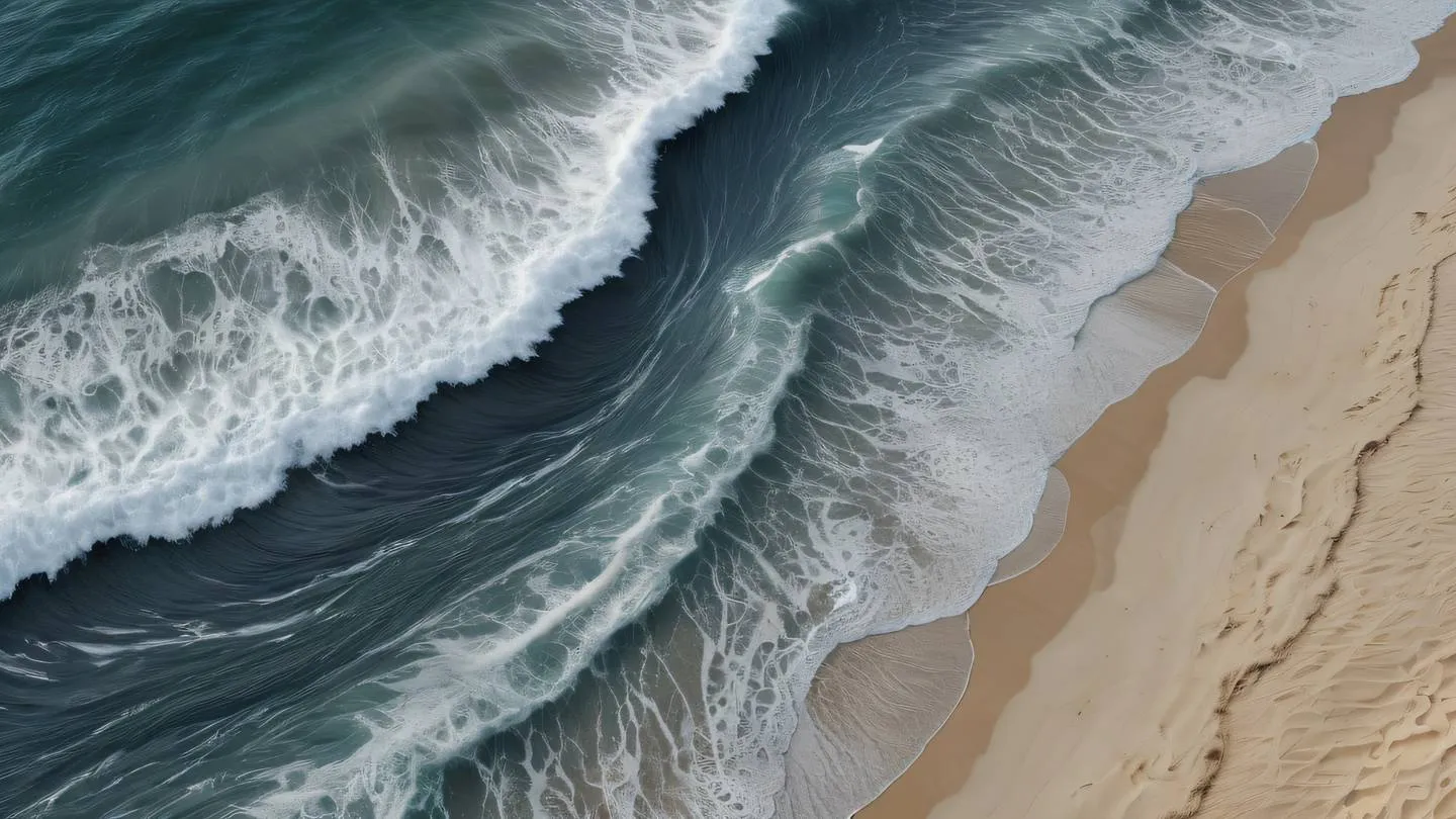 A flowing abstract design resembling ocean waves with October mist grey bright sand and black colors swirling together. The composition shows dynamic movement and natural patterns. Camera angle: Top-down aerial view capturing the intricate flow patterns high-quality ultra-realistic cinematic 8K UHD high resolution sharp and detail