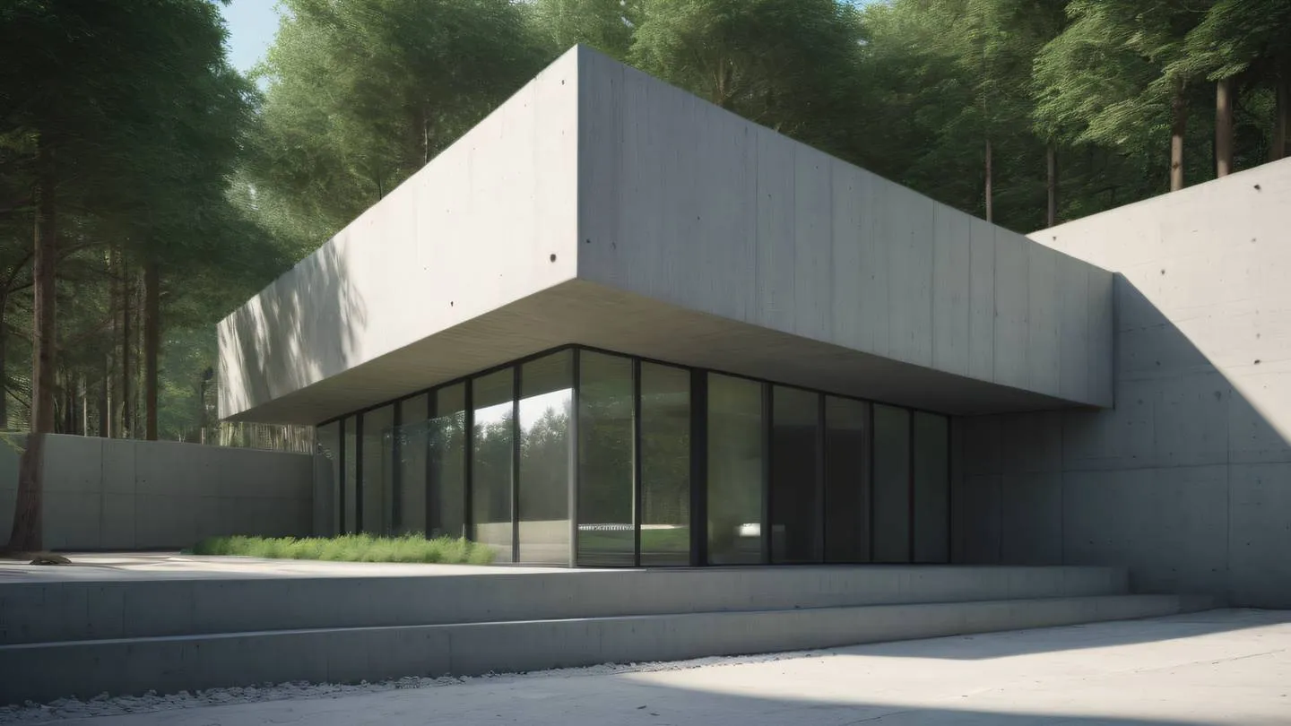 A concrete modern architectural element with minimal grey tones and bright forest green accents featuring clean geometric shapes and strong lines. The structure shows interesting play of light and shadow. Camera angle: Dutch angle (tilted) perspective highlighting the architectural details high-quality ultra-realistic cinematic 8K UHD high resolution sharp and detail