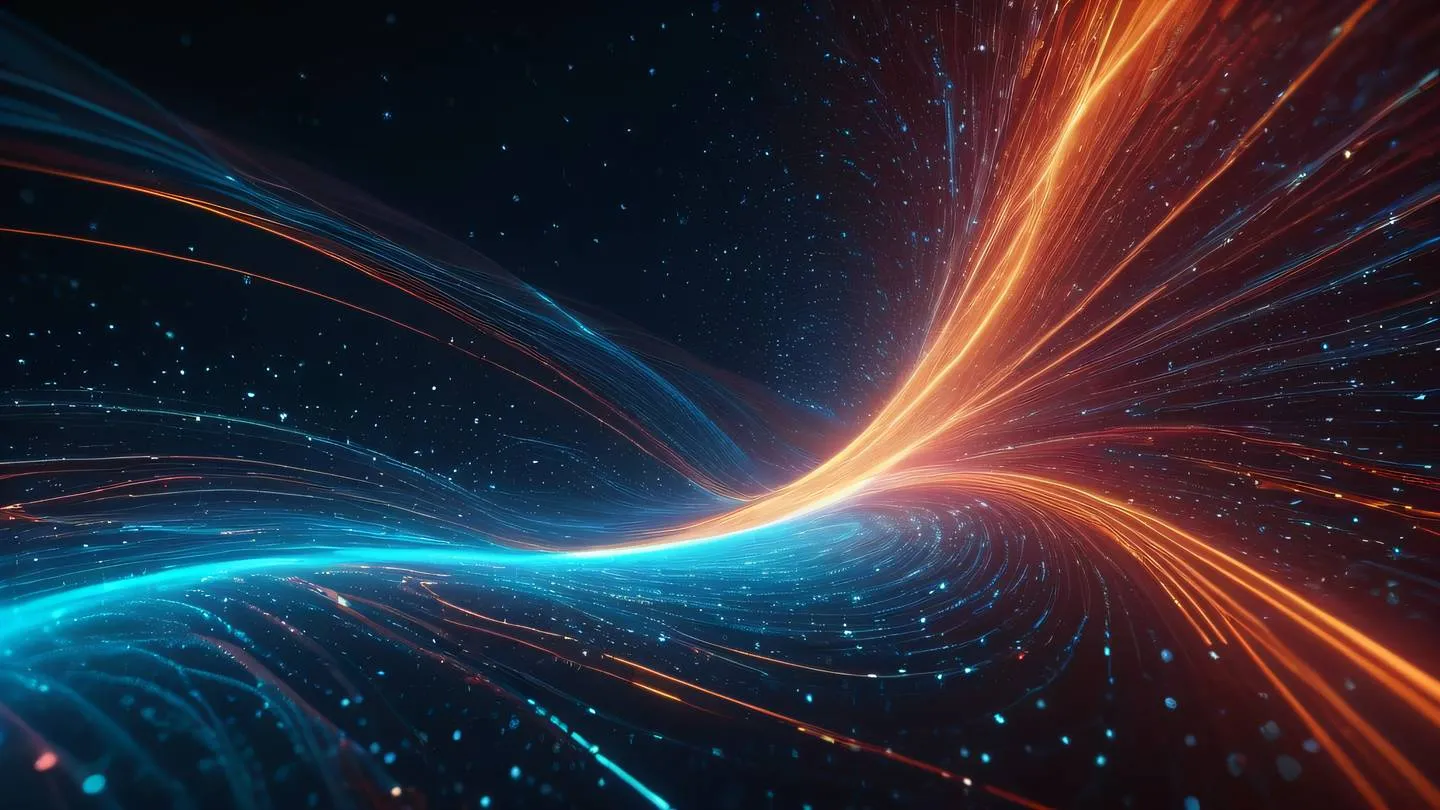 An abstract dynamic flow of glowing particles and lines representing data streams and state management with baby blue salmon-orange and ruby red colors swirling together in a harmonious pattern captured from a top-down perspective high-quality ultra-realistic cinematic 8K UHD high resolution sharp and detail