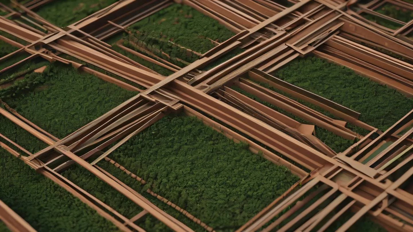 Abstract geometric patterns representing a data structure with interconnected nodes featuring rustic terracotta and forest green colors blending in an organic flow shot from a diagonal angle high-quality ultra-realistic cinematic 8K UHD high resolution sharp and detail