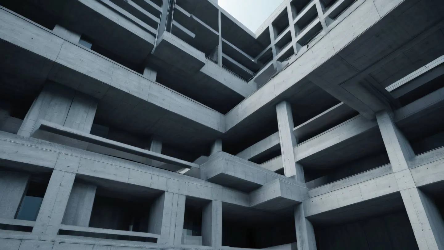 Abstract architectural forms representing structured data flow with dusty blue concrete and black colors creating a sense of depth and organization shot from a low angle perspective high-quality ultra-realistic cinematic 8K UHD high resolution sharp and detail