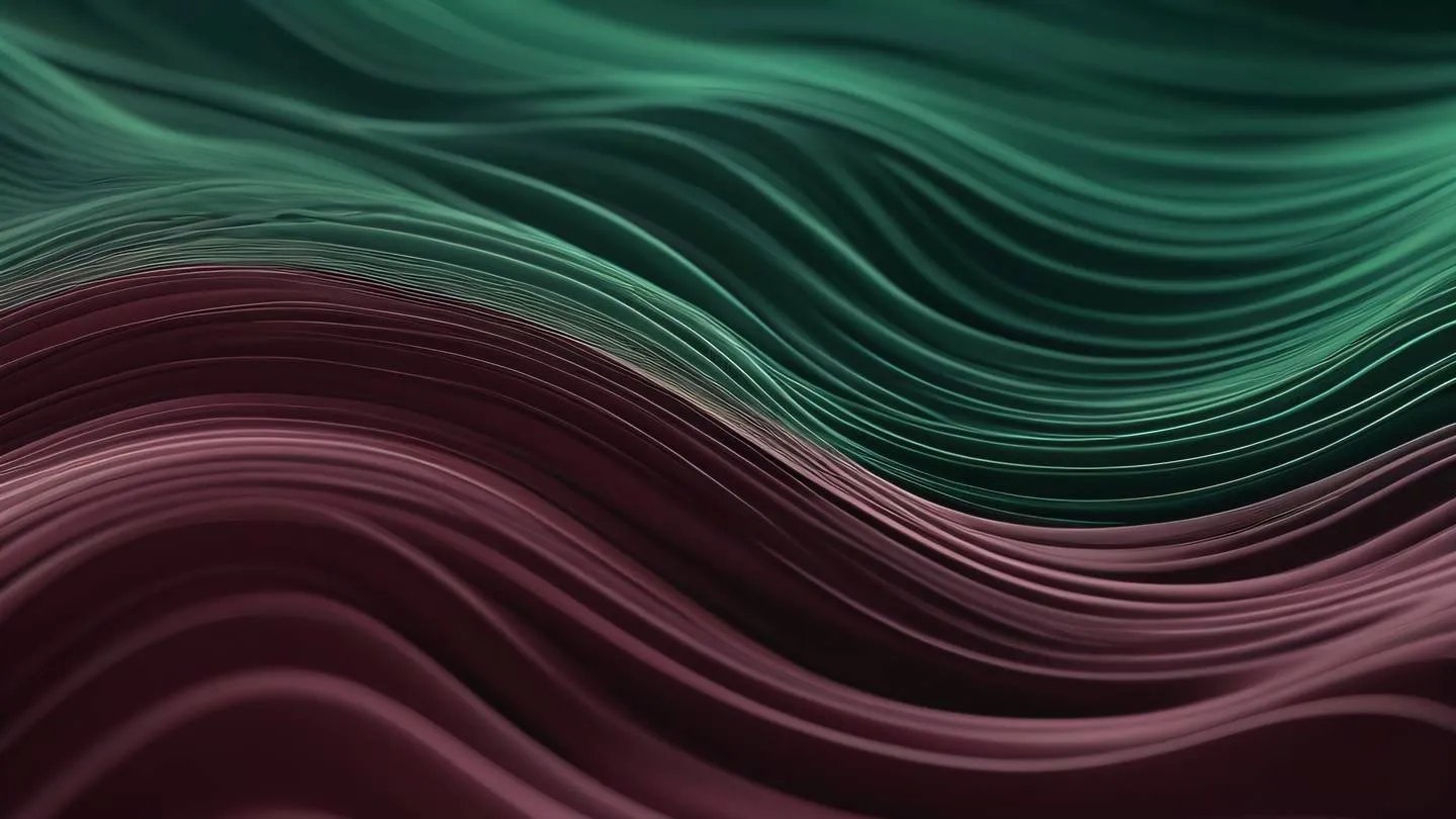 Smooth gradient waves representing seamless data flow composed of maroon and seaweed green colors intertwining smoothly captured from a diagonal angle high-quality ultra-realistic cinematic 8K UHD high resolution sharp and detail