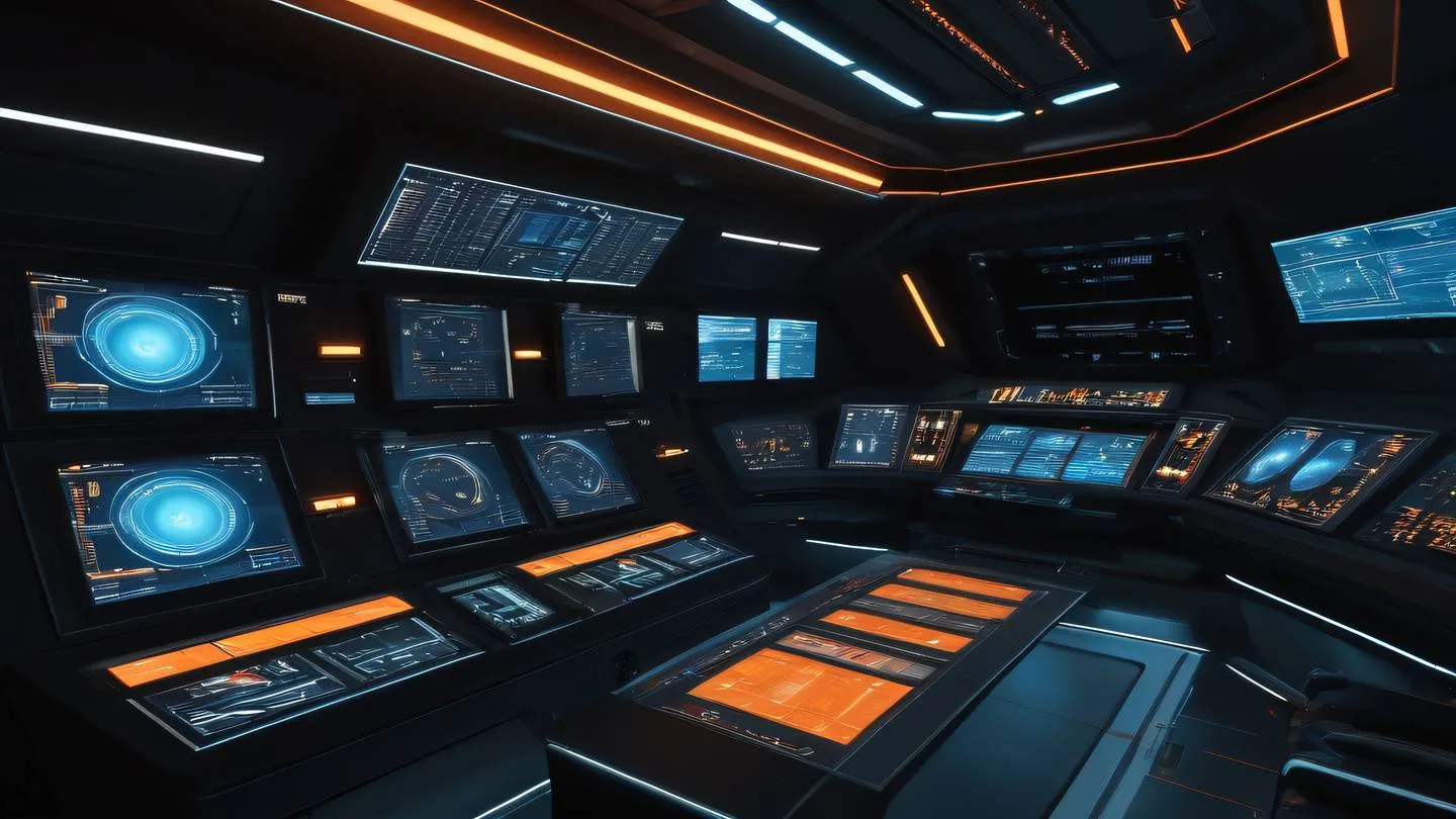 A futuristic spaceship control room dashboard with multiple holographic displays floating in air featuring bold orange and white light streams against a deep black background dramatic side angle view perspective high-quality ultra-realistic cinematic 8K UHD high resolution sharp and detail