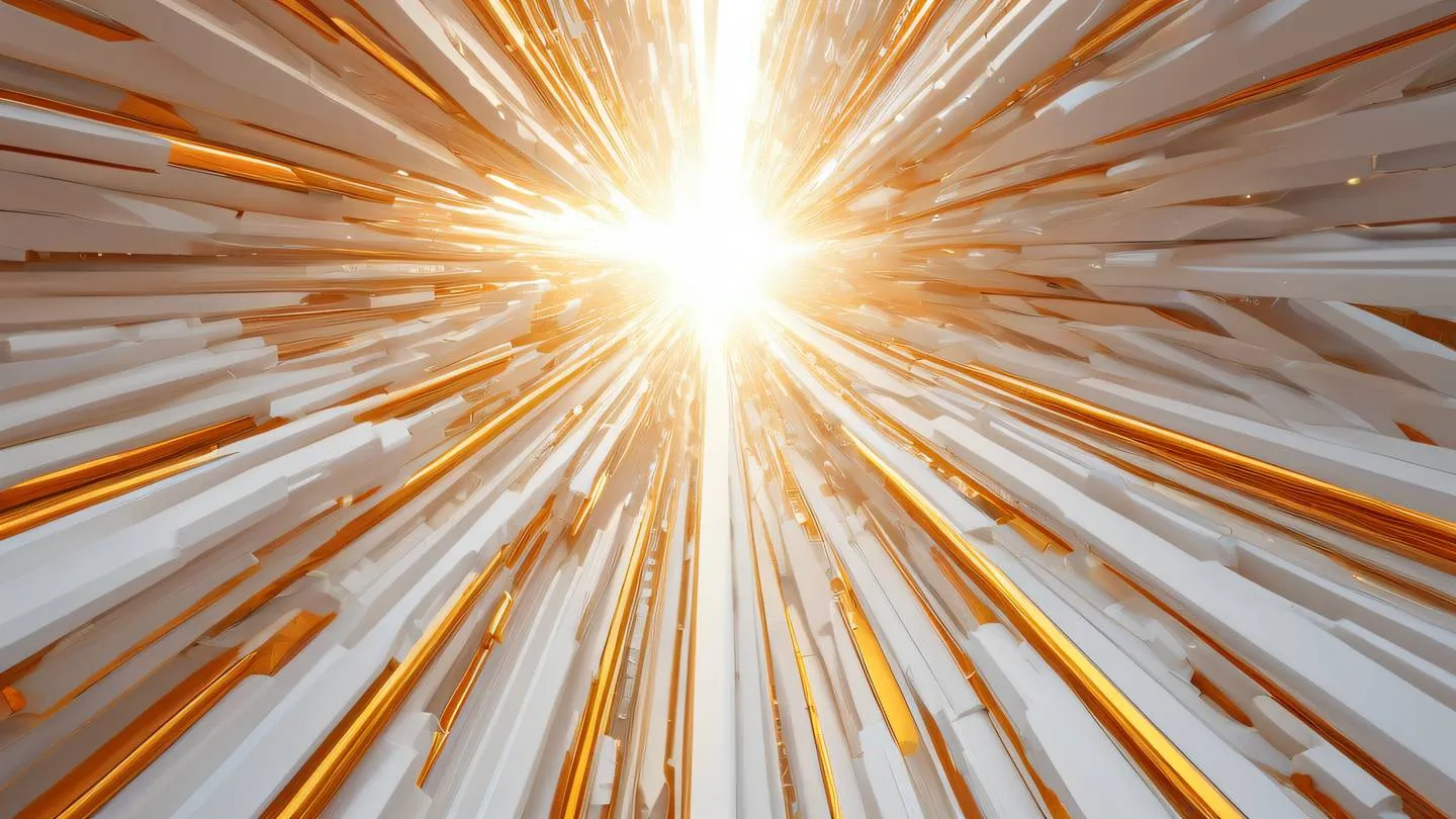 Geometric abstract composition with interconnected light rays piercing through crystalline structures bright white and golden orange color scheme captured from a low angle looking upward high-quality ultra-realistic cinematic 8K UHD high resolution sharp and detail