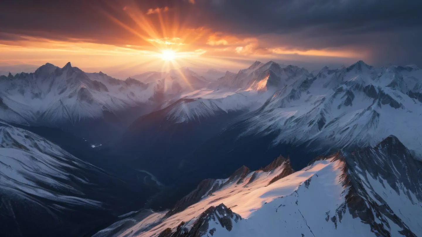 A majestic snow-capped mountain range at sunset with dramatic clouds and atmospheric light rays rich gray and bold orange colors painting the sky captured from a drone perspective looking down at 45 degrees high-quality ultra-realistic cinematic 8K UHD high resolution sharp and detail