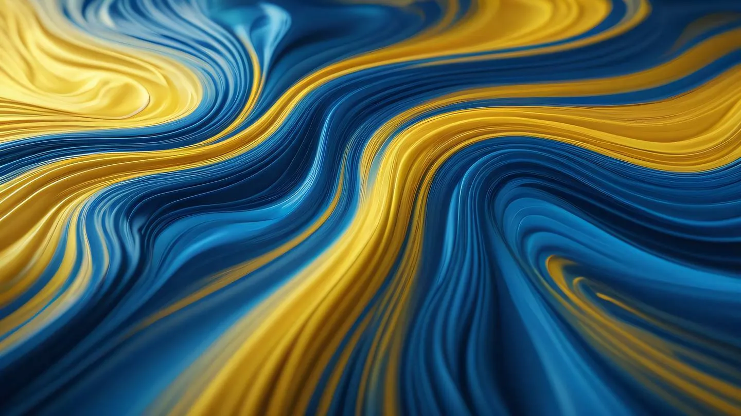 Abstract flowing liquid patterns suggesting data flow and state management dominated by sunshine yellow and sapphire blue gradients intricate swirls and streams interweaving - captured from above perspective high-quality ultra-realistic cinematic 8K UHD high resolution sharp and detail