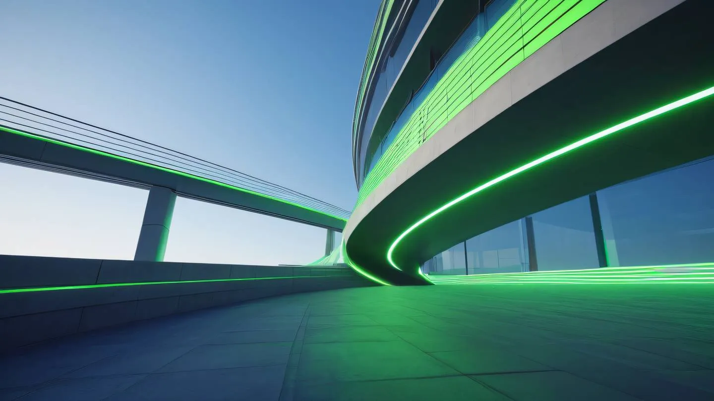 Modern minimalist architecture with clean geometric lines and flowing curves featuring interplaying levels and bridges in fluorescent green and indigo photographed from a low angle perspective emphasizing vertical lines high-quality ultra-realistic cinematic 8K UHD high resolution sharp and detail