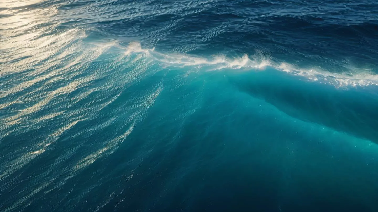 Ocean waves creating dynamic patterns viewed from above with sapphire blue and sunshine yellow colors merging and flowing captured from a bird's eye perspective high-quality ultra-realistic cinematic 8K UHD high resolution sharp and detail