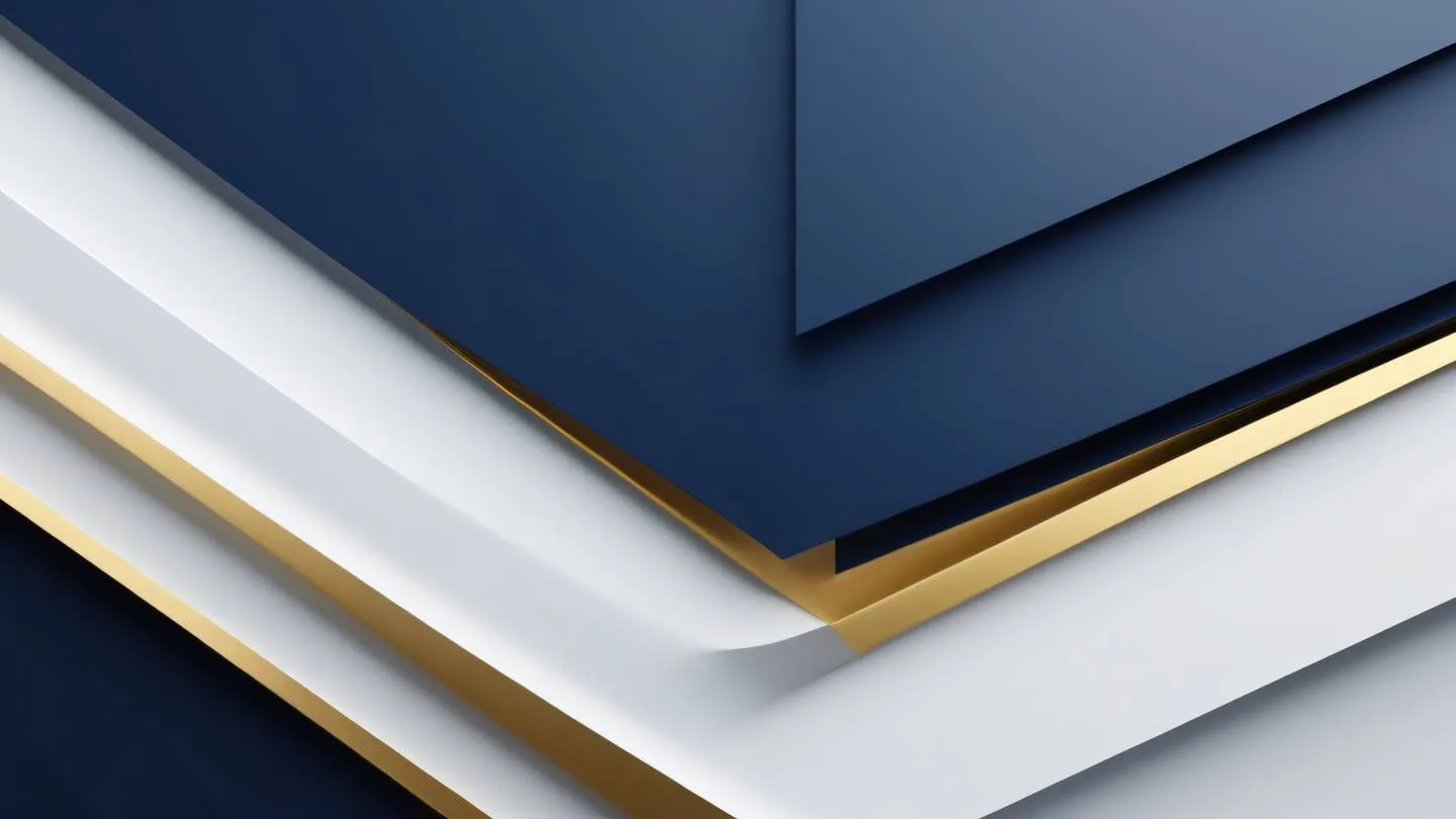 A minimalist abstract composition of geometric shapes flowing like data streams predominantly in navy blue and white colors with accent of gold captured from a top-down perspective high-quality ultra-realistic cinematic 8K UHD high resolution sharp and detail