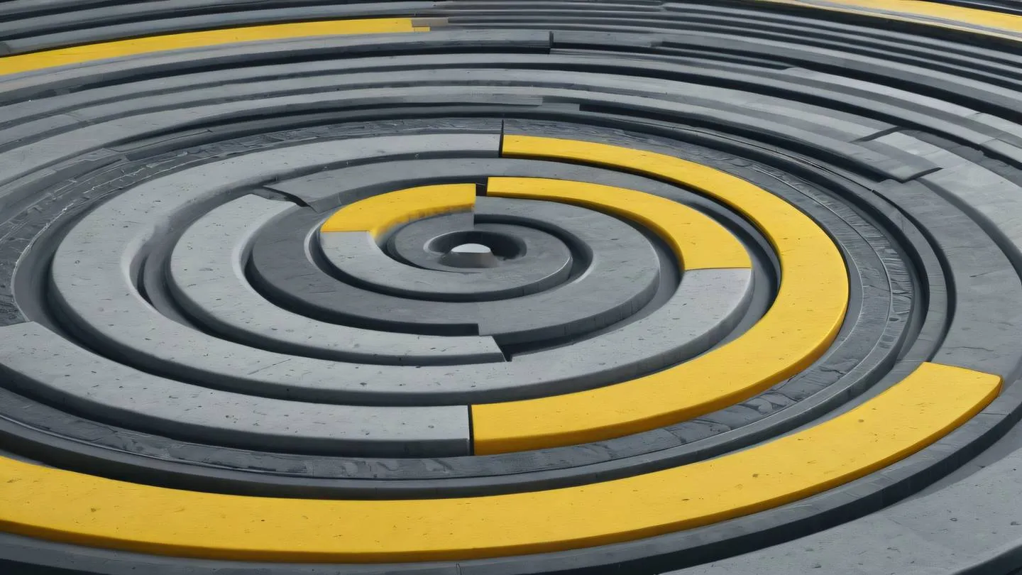 An abstract representation of data synchronization featuring flowing circular patterns in stone gray and yellow colors shot from a dutch angle perspective high-quality ultra-realistic cinematic 8K UHD high resolution sharp and detail