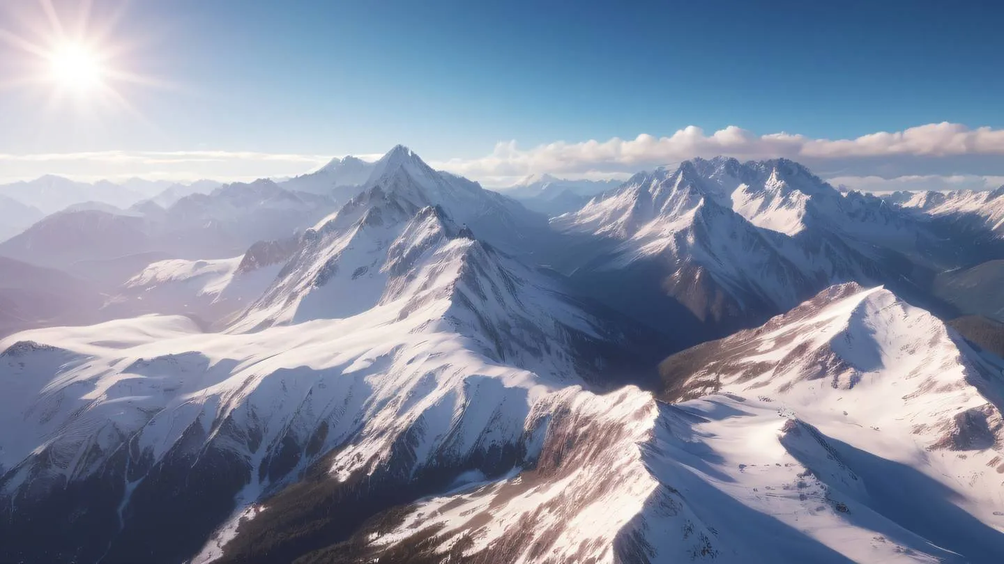 A serene mountain landscape with sunlight breaking through clouds showcasing white snow peaks against rose-colored sky captured from a bird's eye view perspective high-quality ultra-realistic cinematic 8K UHD high resolution sharp and detail