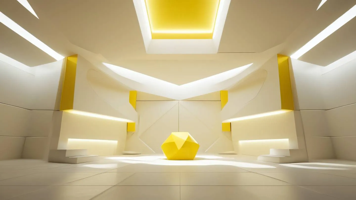 A futuristic abstract interior with floating geometric shapes featuring a gradient of canary yellow blending into cream white dramatic volumetric lighting casting long shadows viewed from a low angle perspective looking upward high-quality ultra-realistic cinematic 8K UHD high resolution sharp and detail