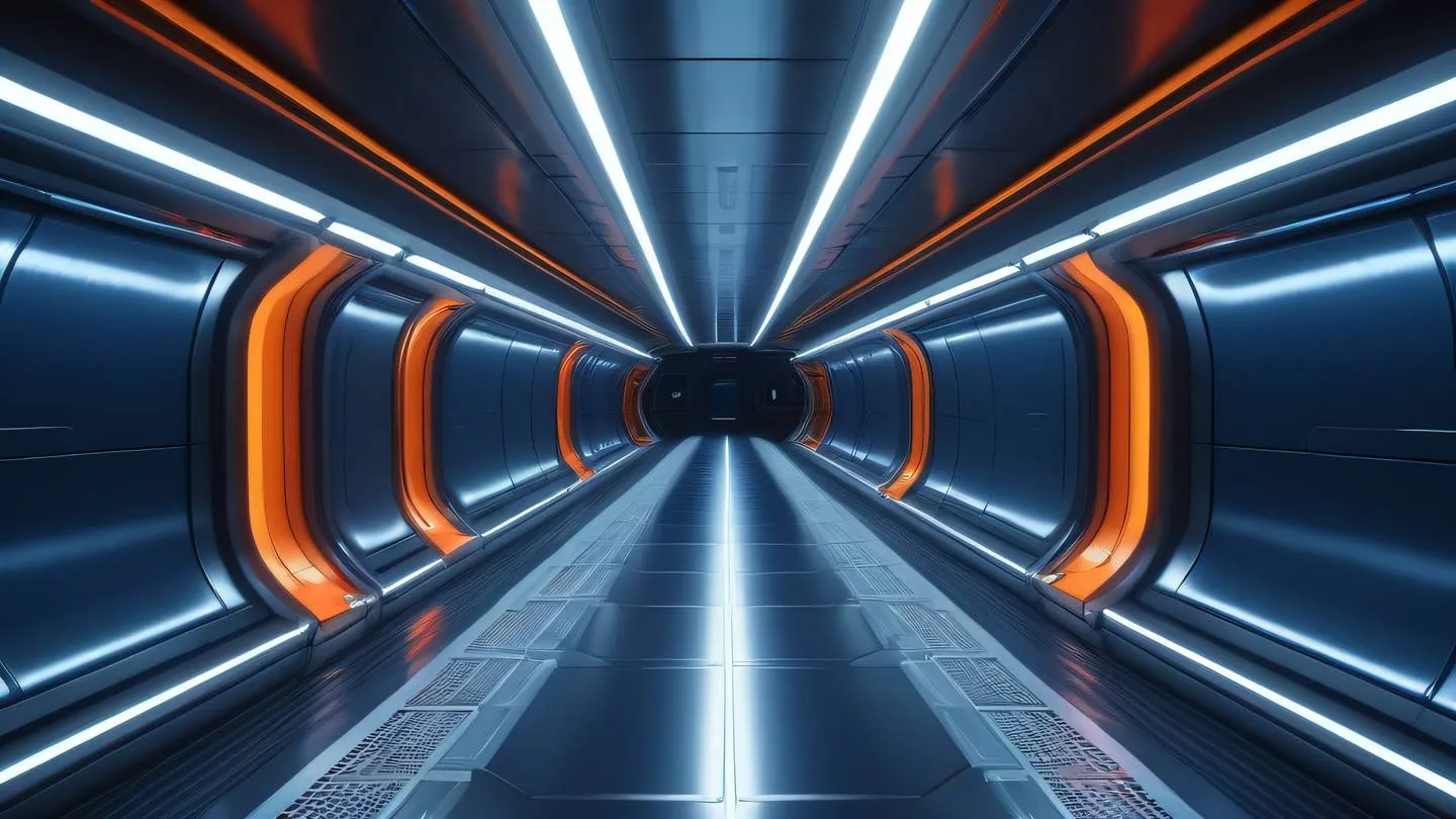 Abstract space station corridor with smooth metallic surfaces reflecting iridescent light beams dominant colors of bright orange transitioning to deep blue photographed from a straight-on perspective with strong leading lines high-quality ultra-realistic cinematic 8K UHD high resolution sharp and detail