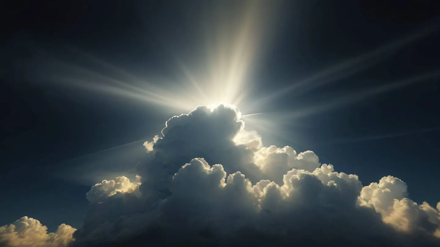 Ethereal cloud formations with streaming light rays piercing through colors of bright minimalist yellow and crisp white against off-black background captured from a diagonal upward angle high-quality ultra-realistic cinematic 8K UHD high resolution sharp and detail