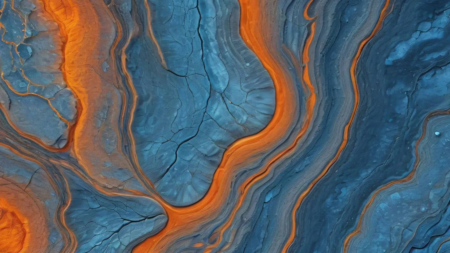 Stone textured abstract surface with flowing patterns bright iridescent colors of orange and blue reflecting off smooth curves viewed from a top-down perspective high-quality ultra-realistic cinematic 8K UHD high resolution sharp and detail