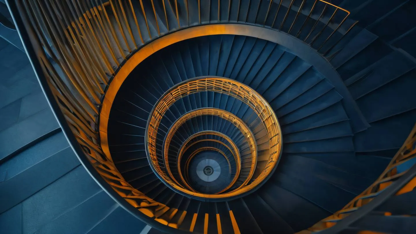 A mesmerizing architectural spiral staircase transitioning seamlessly between levels captured from above looking down featuring minimalist yellow and orange tones against deep blues ultra-realistic cinematic lighting 8K resolution sharp details high-quality architectural photography