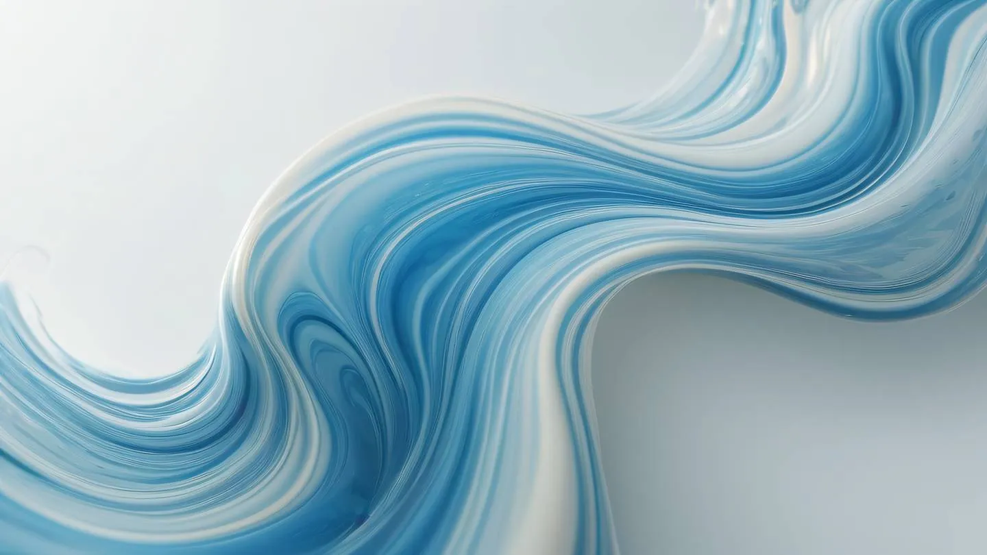 Abstract fluid motion captured in mid-flow featuring iridescent blues and creamy whites swirling together photographed from a side angle with dramatic lighting ultra-realistic 8K UHD sharp details high-quality macro photography