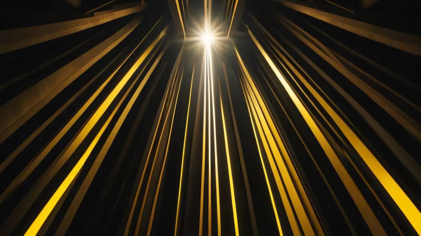 Rays of sunlight streaming through geometric window shapes creating dramatic light patterns with canary yellow beams against off-black shadows captured from a low angle perspective ultra-realistic cinematic 8K high resolution sharp details