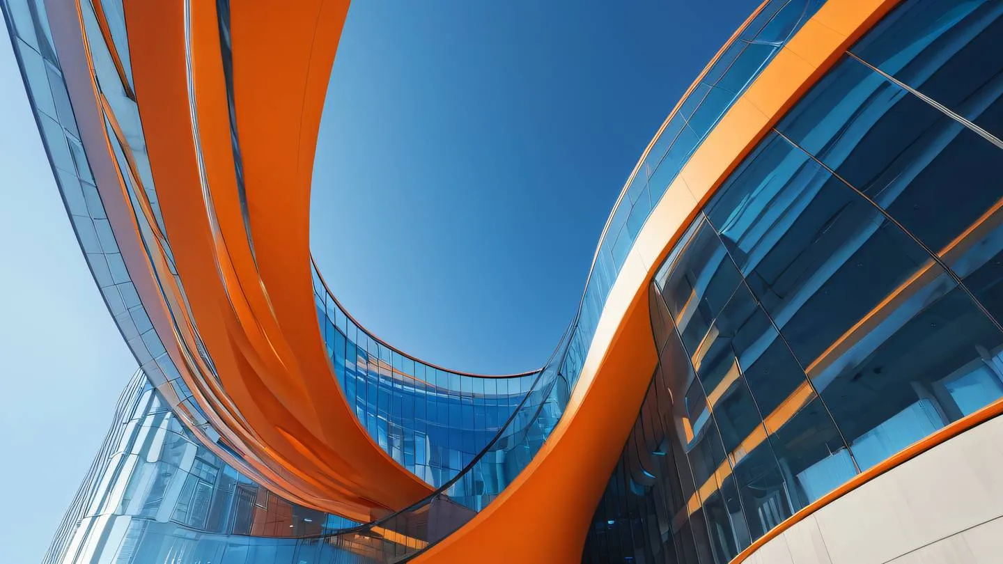 Modern abstract architectural curves and lines forming a flowing composition featuring bright orange and blue gradient tones photographed from an upward angle with soft natural lighting ultra-realistic 8K UHD high-quality architectural photography