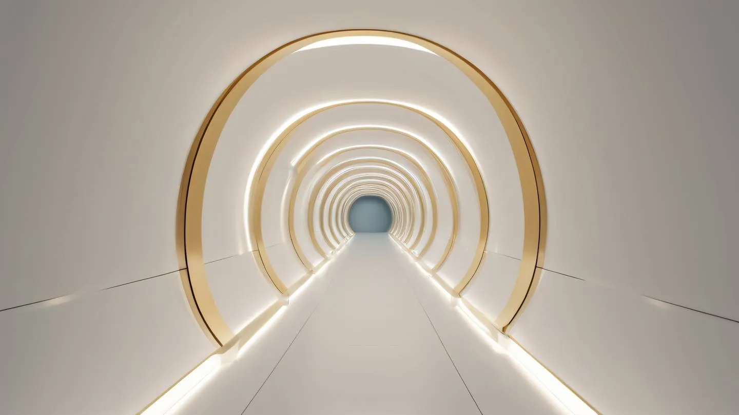 A futuristic abstract corridor with smooth white and gold curved walls leading to nowhere soft ambient lighting casting elegant shadows ultra-realistic high-quality cinematic 8K UHD shot from low angle perspective with wide-angle lens