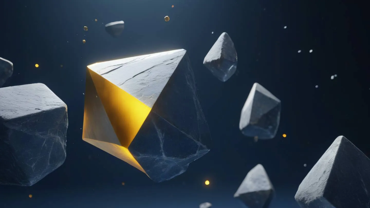 Abstract geometric floating stones in navy blue and white space with streaks of yellow light passing through crystalline structures ultra-realistic cinematic quality 8K UHD high resolution sharp detail captured from a diagonal upward angle