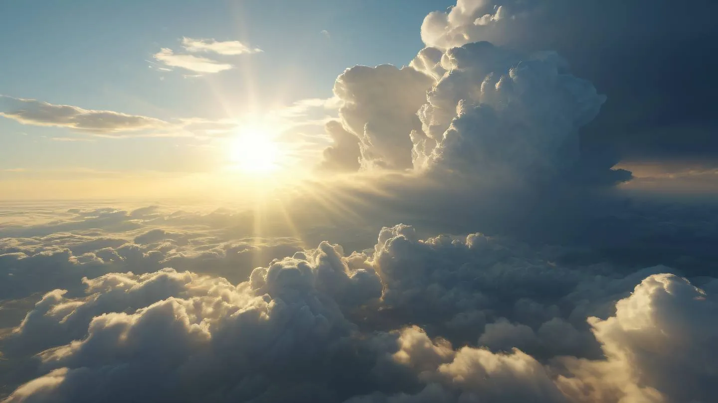 Ethereal cloud formations with streaming rays of bright yellow and white light piercing through layers of clouds stone formations floating in distance ultra-realistic cinematic 8K UHD high resolution captured from a bird's eye view angle