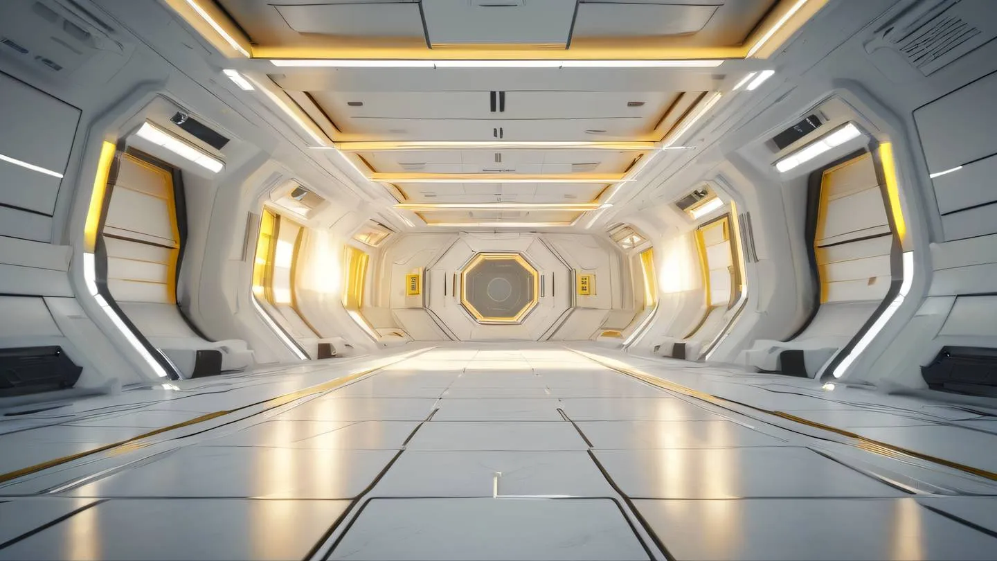 Modern abstract space station interior with clean white walls and stone textured floor panels streams of warm yellow light casting through geometric windows ultra-realistic cinematic quality 8K UHD high resolution sharp detail captured from a dramatic upward angle